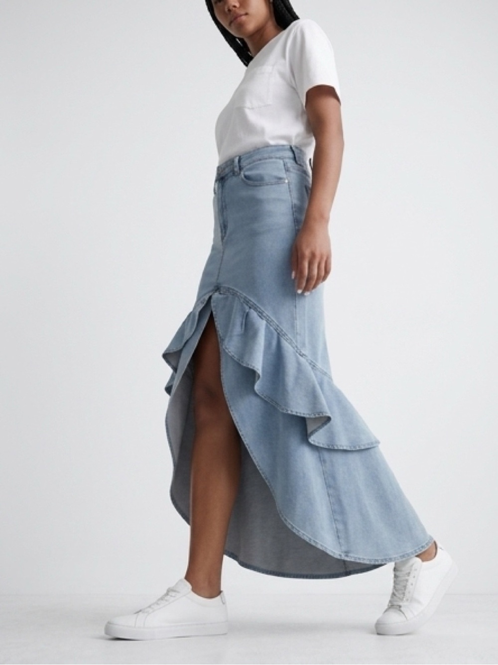 Light Blue Denim Ruffle-Front Maxi Skirt - Picture 3 of 7